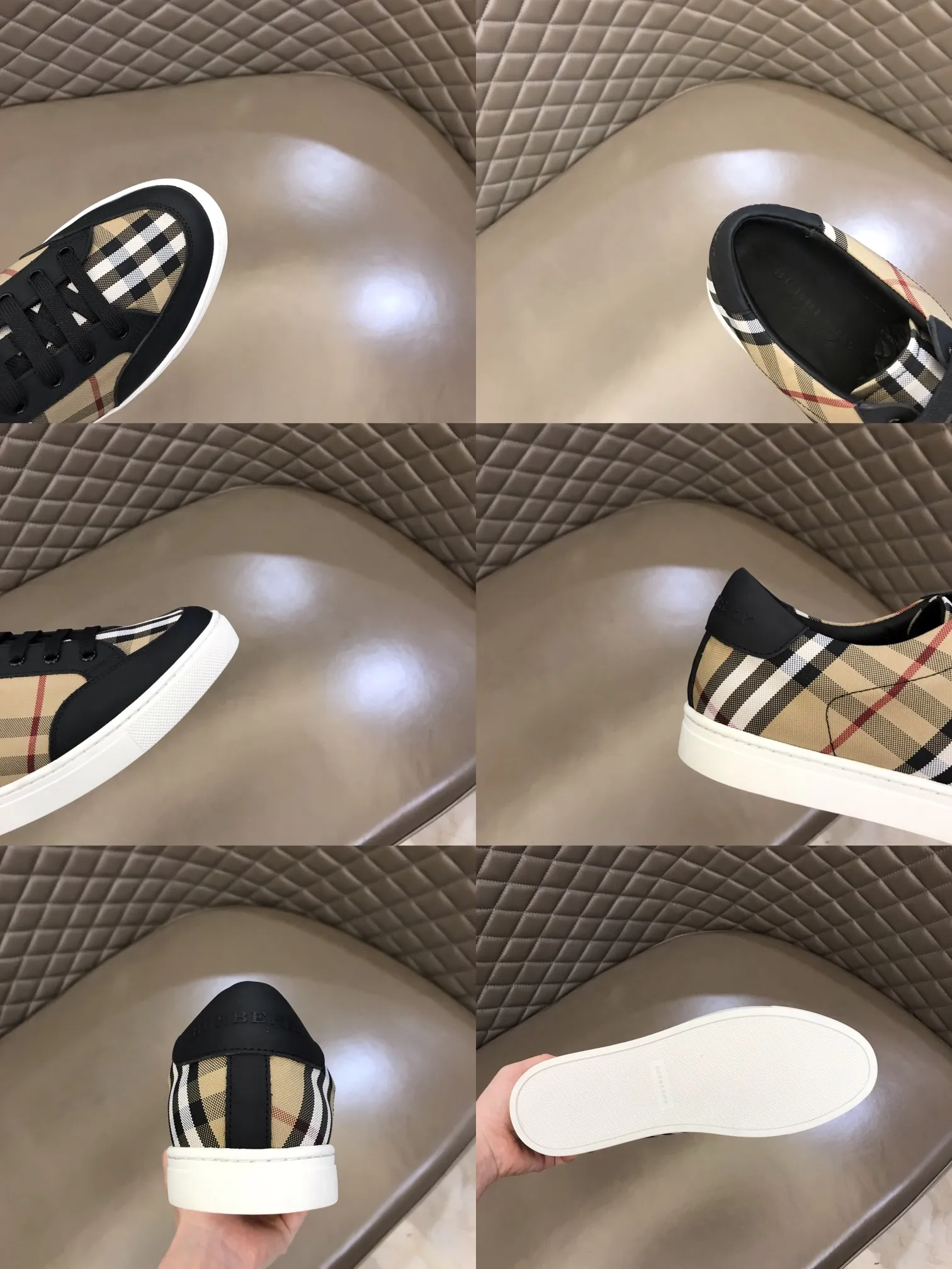 p360 "BURBERR*" men's classic low-top sneakers are reinterpreted in Vintage checkered cotton and matte calfskin, decorated with a new brand logo. First-layer sheepskin lining, embossed Burberry logo on the heel, and original TPU outsole! Size: 38-44